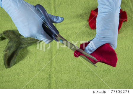 Female hands with scissors in gloves cut the wool in the process of creating a product 77356273