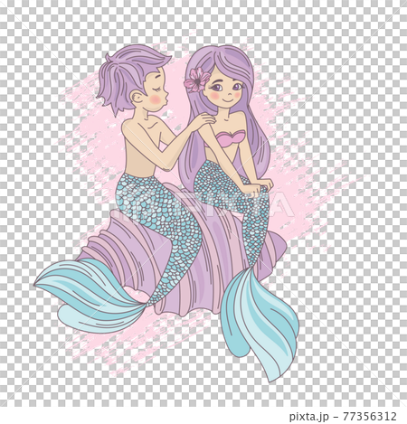 LOVE Mermaid Princess Girl And Boy Underwater Sea Cartoon Travel Tropical Wedding Clip Art Vector Illustration Set For Print 77356312