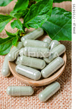 Pile of herbal medicine capsules in wooden spoon with green leaf. Pile of herbal medicine capsules in wooden spoon with green leaf. 77356795