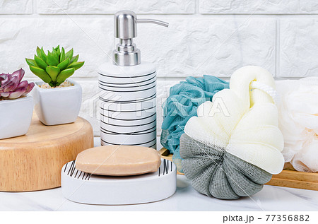 Shower sponge , Herb soap and shampoo pump bottle. Shower sponge , Herb soap and shampoo pump bottle. 77356882
