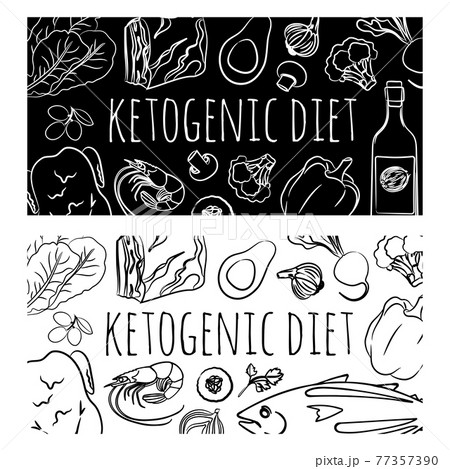 KETO BANNER BLACK Healthy Food Low Carb Diet Organic Proper Nutrition Flyer Text Vector Illustration Set For Print 77357390