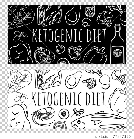KETO BANNER BLACK Healthy Food Low Carb Diet Organic Proper Nutrition Flyer Text Vector Illustration Set For Print 77357390