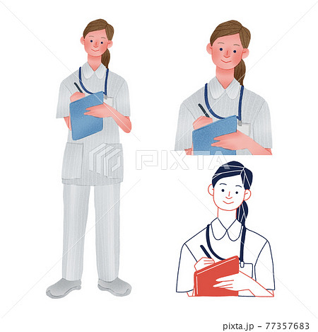 メモを取る女性の看護師手描きイラストのイラスト素材