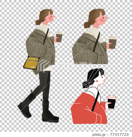 コーヒーカップを持って歩くおしゃれで若い女性全身手描きイラストのイラスト素材