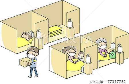 段ボールのパーテーションがある災害時の避難所 段ボールのパーテーションがある災害時の避難所 77357782