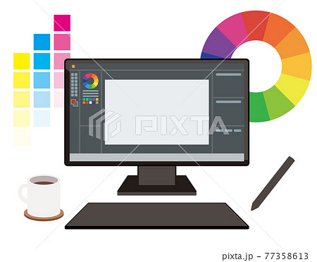 Pcモニターとペンタブレット イラストレーター グラフィックデザイナーのイメージイラストのイラスト素材