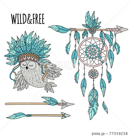 INDIANS FREEDOM Cartoon American Native Warrior Hero Attributes Vector Illustration Set For Print INDIANS FREEDOM Cartoon American Native Warrior Hero Attributes Vector Illustration Set For Print 77359258