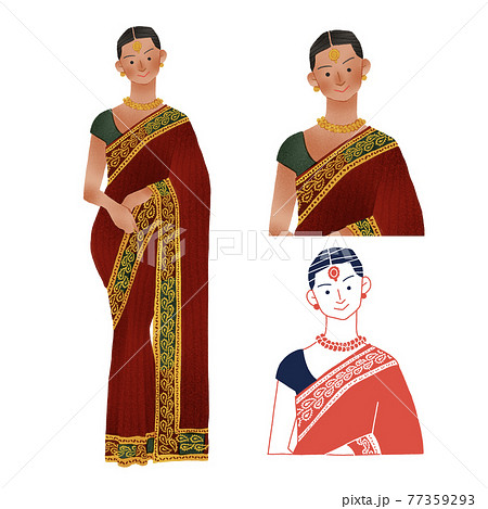 インドのサリーを着た女性全身手描きイラスト 77359293
