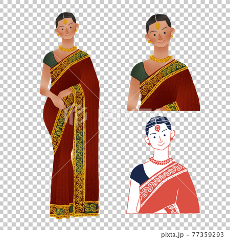 インドのサリーを着た女性全身手描きイラストのイラスト素材