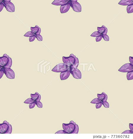 Hand drawn nature seamless pattern with purple outline flower elements. Light background. 77360782
