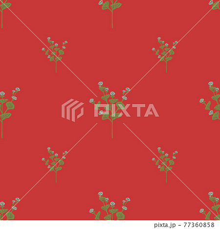 Minimalistic seamless pattern with green hand drawn wildflowers print. Red background. 77360858