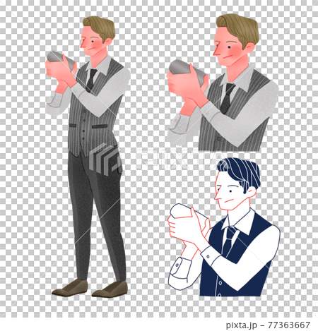 カクテルを作るバーテンダーの男性人物全身手描きイラスト カクテルを作るバーテンダーの男性人物全身手描きイラスト 77363667