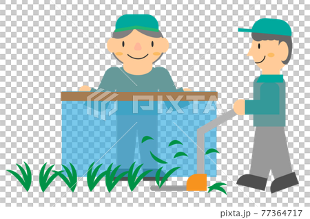 草刈りを行っている人と飛散防止用ネットを持っている人 草刈りを行っている人と飛散防止用ネットを持っている人 77364717