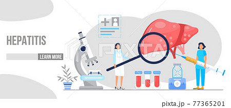 Hepatology concept vector for medical website, landing page. Concept of hepatitis A, B, C, D, cirrhosis, world hepatitis day. Tiny doctors treat liver. 77365201