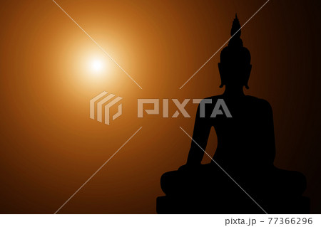 Silhouette Buddha on golden sunset background. Silhouette Buddha on golden sunset background. 77366296