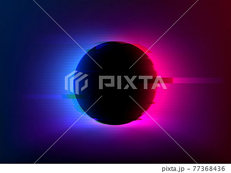 VHS glitch effect background with vivid neon blue pink light behind the black circle. Eclipse concept. Design of banner, poster for cybersport, and advertising VHS glitch effect background with vivid neon blue pink light behind the black circle. Eclipse concept. Design of banner, poster for cybersport, and advertising 77368436