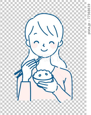 笑顔で食事をする女性のイラスト・白ご飯 77368639