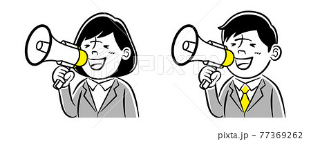 拡声器を使用するビジネスマン男女のモノクロイラストのイラスト素材