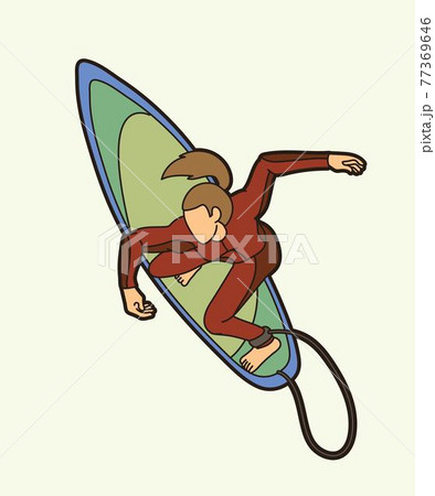 Surfer Surfing Sport Female Player Action Cartoon Graphic Vector 77369646