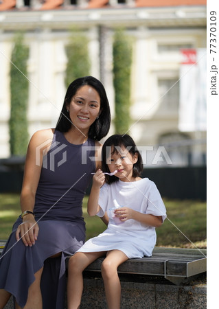 asian chinese child and mother enjoying the moment after tasting ice cream asian chinese child and mother enjoying the moment after tasting ice cream 77370109