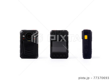 Officer body cam. Personal Wearable Video Recorder, Portable DVR, camera isolated on white background. Closeup, front view, back view, side view. 77370693