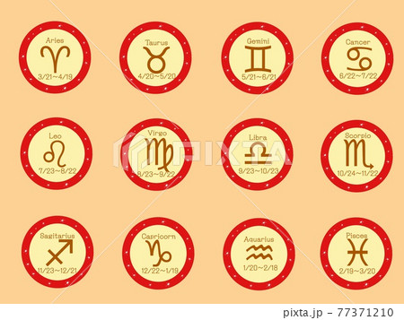 オレンジ背景にした赤枠リング12星座アイコンセットのイラスト素材