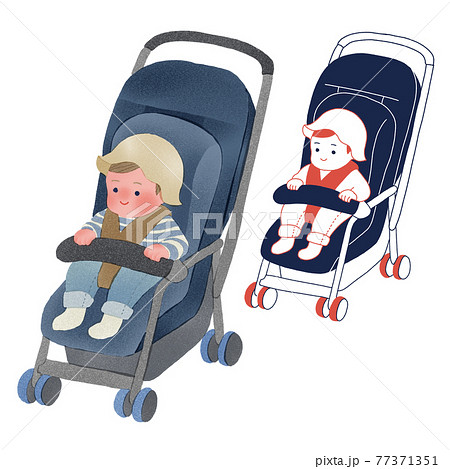 ベビーカーに乗った子供人物全身手描きイラストのイラスト素材