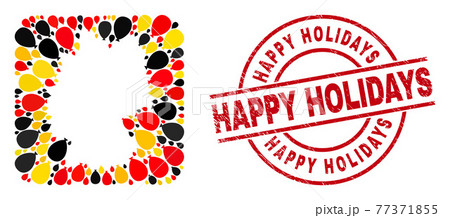 Happy Holidays Scratched Seal Stamp and German Map Stencil Collage of Celebration Ballon Icons in German Flag Colors 77371855