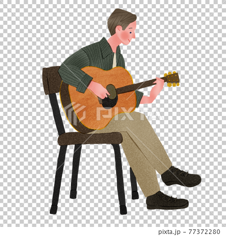 アコギギターを弾く男性人物全身手描きイラストのイラスト素材
