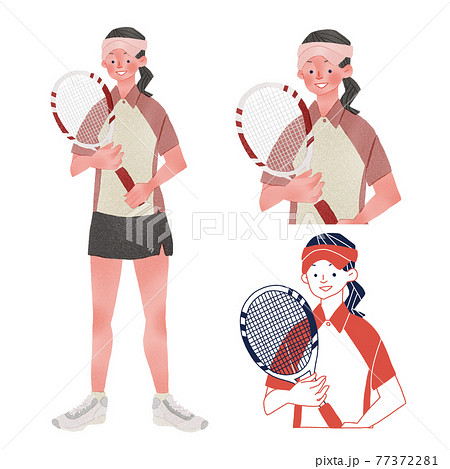 ユニフォームを着てラケットを持つテニス選手の若い女性人物全身手描きイラストのイラスト素材