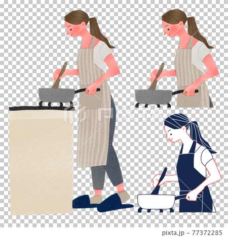 料理をする若い女性人物全身手描きイラストのイラスト素材