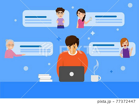 A young man who lives and works from home He works video conference, laptop screen, Internet chat, group chat, web chat, online friends, coronavirus quarantine. Flat style cartoon illustration vector 77372447
