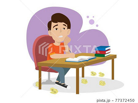 The male student sat on the table with books beside him. He could not think of work, causing a bad mood. Flat style cartoon illustration vector 77372450