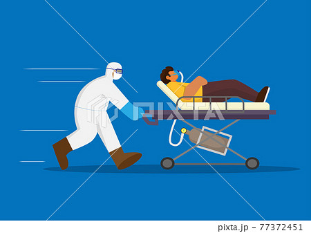 Staff in PPE gown with COVID-19 patient move emergency bed to ICU Medical Flat Style, illustration. 77372451