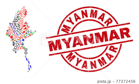 Myanmar Distress Stamp and Myanmar Map Mosaic of Different Icons Myanmar Distress Stamp and Myanmar Map Mosaic of Different Icons 77372456