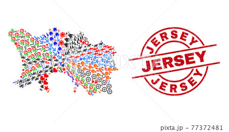Jersey Distress Seal Stamp and Jersey Island Map Collage of Different Icons Jersey Distress Seal Stamp and Jersey Island Map Collage of Different Icons 77372481