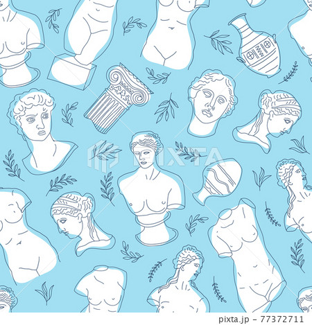 Ancient Greece and Rome set tradition and culture vector seamless pattern. The linear trend of the ancient surface pattern, Ancient Greece and Ancient Rome. Surface pattern on blue. 77372711