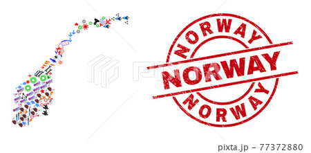 Norway Distress Stamp Seal and Norway Map Mosaic of Different Pictograms Norway Distress Stamp Seal and Norway Map Mosaic of Different Pictograms 77372880