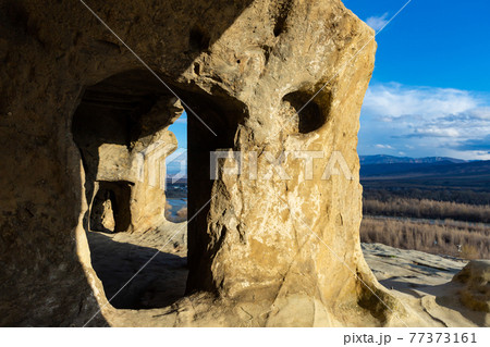 Cave structures carved into mountain in Uplistsikhe, Georgia Cave structures carved into mountain in Uplistsikhe, Georgia 77373161