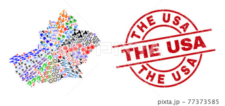 The USA Textured Seal Stamp and Xinjiang Uyghur Region Map Mosaic of Different Pictograms 77373585
