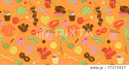 Needlework seamless pattern. Knitting with yarn, knitting needles, mittens and animals. Cute bright childish illustration. Seamless ornament for textiles, design creation of clothes 77373937