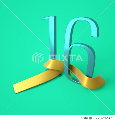 The number sixteen with a gold ribbon, the 16th day of the month, birthday - 16 years, 3d rendering 77374237