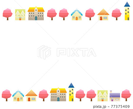 シンプルな街並みのベクターイラスト　枠　背景 　春 77375409