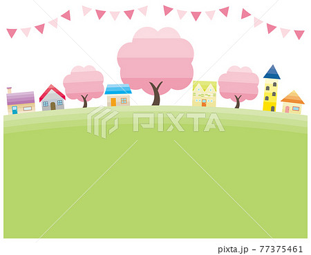 シンプルな街並みのベクターイラスト　枠　背景 　春 77375461