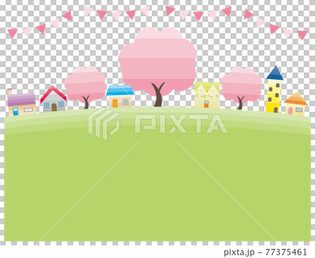 シンプルな街並みのベクターイラスト　枠　背景 　春 77375461