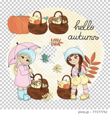 HELLO AUTUMN Nature Season Girl Cartoon Clip Art Vector Illustration Set For Print 77377742