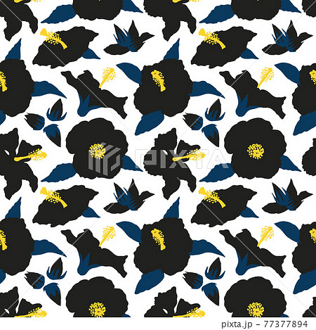 Seamless pattern with modern minimalist black hibiscus flowers, buds and leaves. On white background 77377894