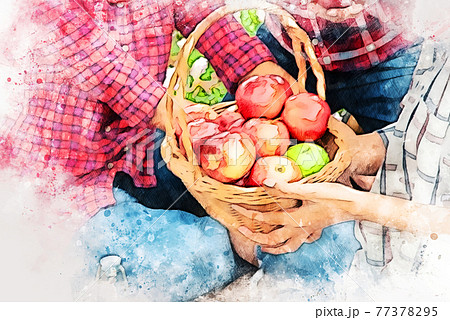 Abstract colorful shape beautiful woman holding apple fruits on watercolor illustration painting background. Abstract colorful shape beautiful woman holding apple fruits on watercolor illustration painting background. 77378295