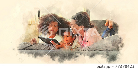 Abstract colorful kid girl reading tablet smart on bedroom on watercolor illustration painting background. Abstract colorful kid girl reading tablet smart on bedroom on watercolor illustration painting background. 77378423