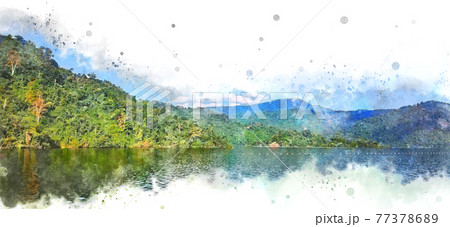Abstract colorful shape on mountain peak and tree landscape on watercolor illustration painting background. 77378689